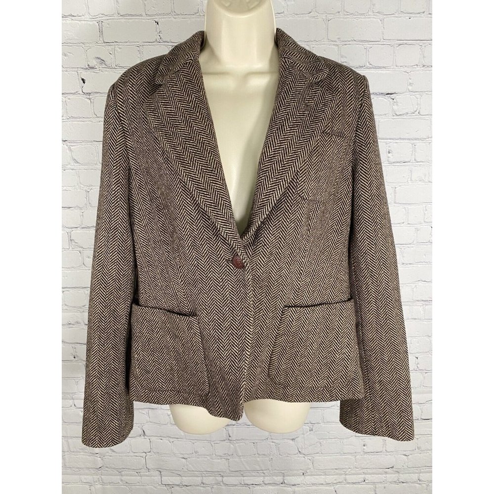 Nautica Wool Blend Herringbone Brown Single Button Blazer Jacket Womens 10